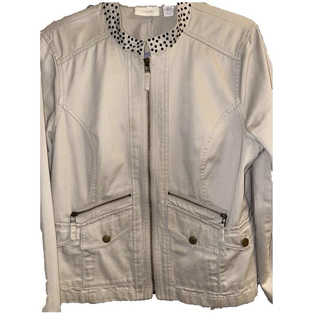 Beige Moto Utility Jacket Studded Collar Minimalist Zip Front Neutral (2) M - Picture 2 of 8